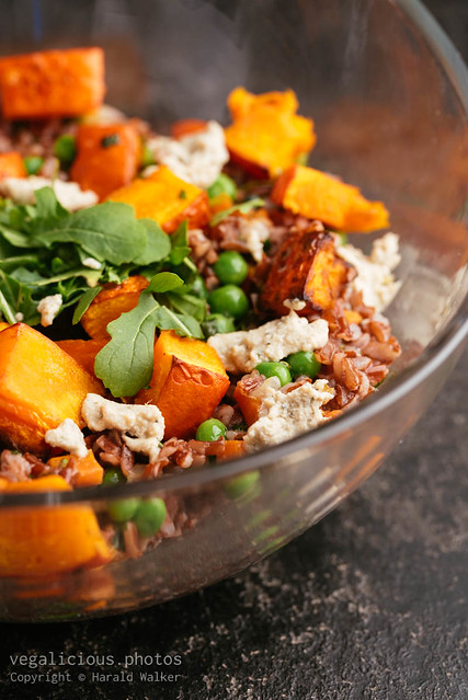 Roasted Winter Squash with Red Rice, Peas and Carrots