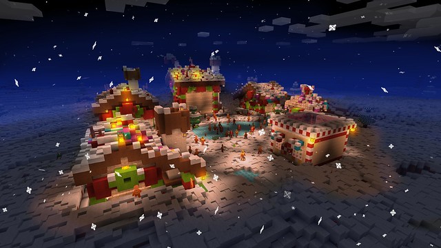 Holiday Winter Night in Little Village - RealmCraft Free Minecraft Clone