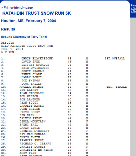 2004 feb 7 Cool Running KATAHDIN TRUST SNOW RUN 5K Race Results