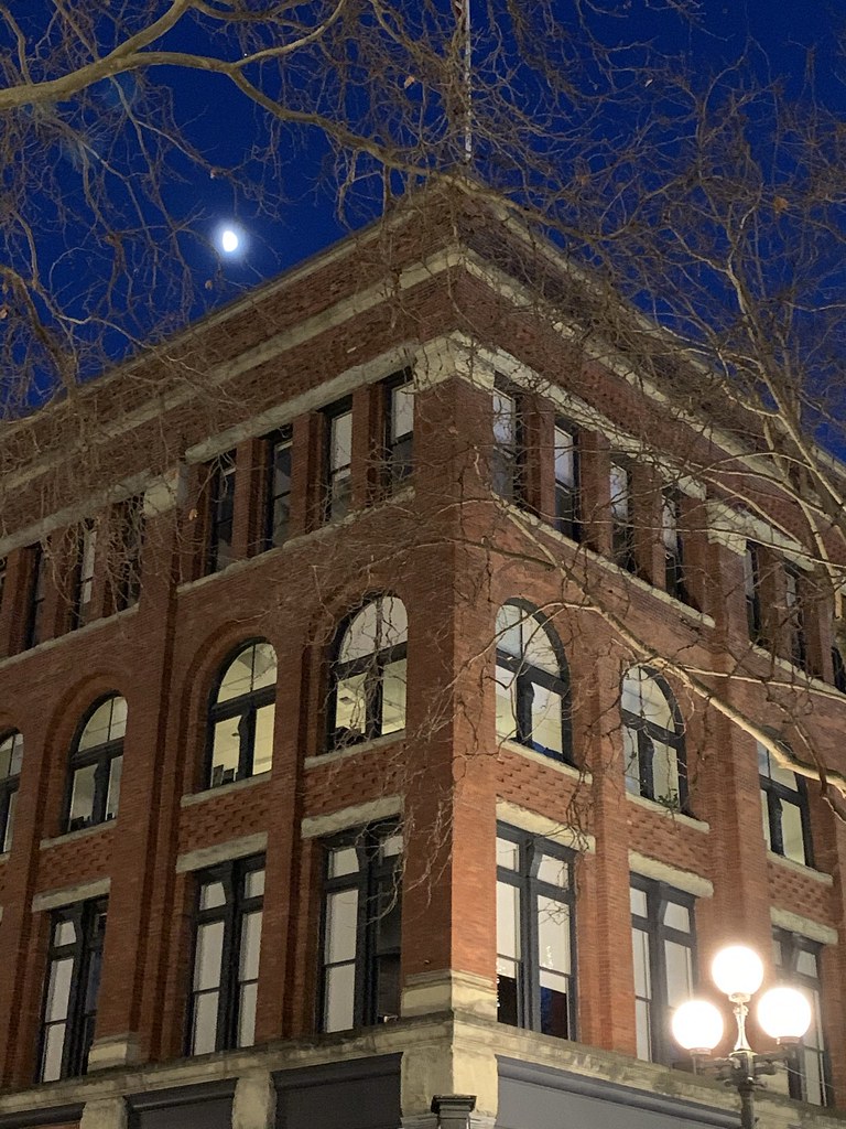 Seattle historic downtown  building with moon 12-2020