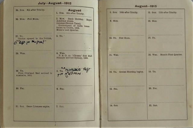 (one page of 11) 1915 diary and almanac for  P.O. ship   