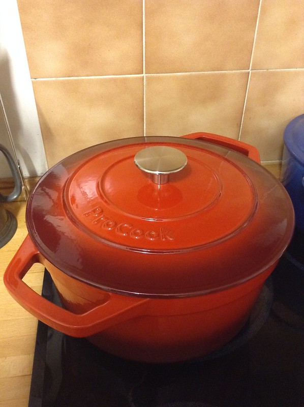 We treated ourselves to a new cast iron, enamel casserole