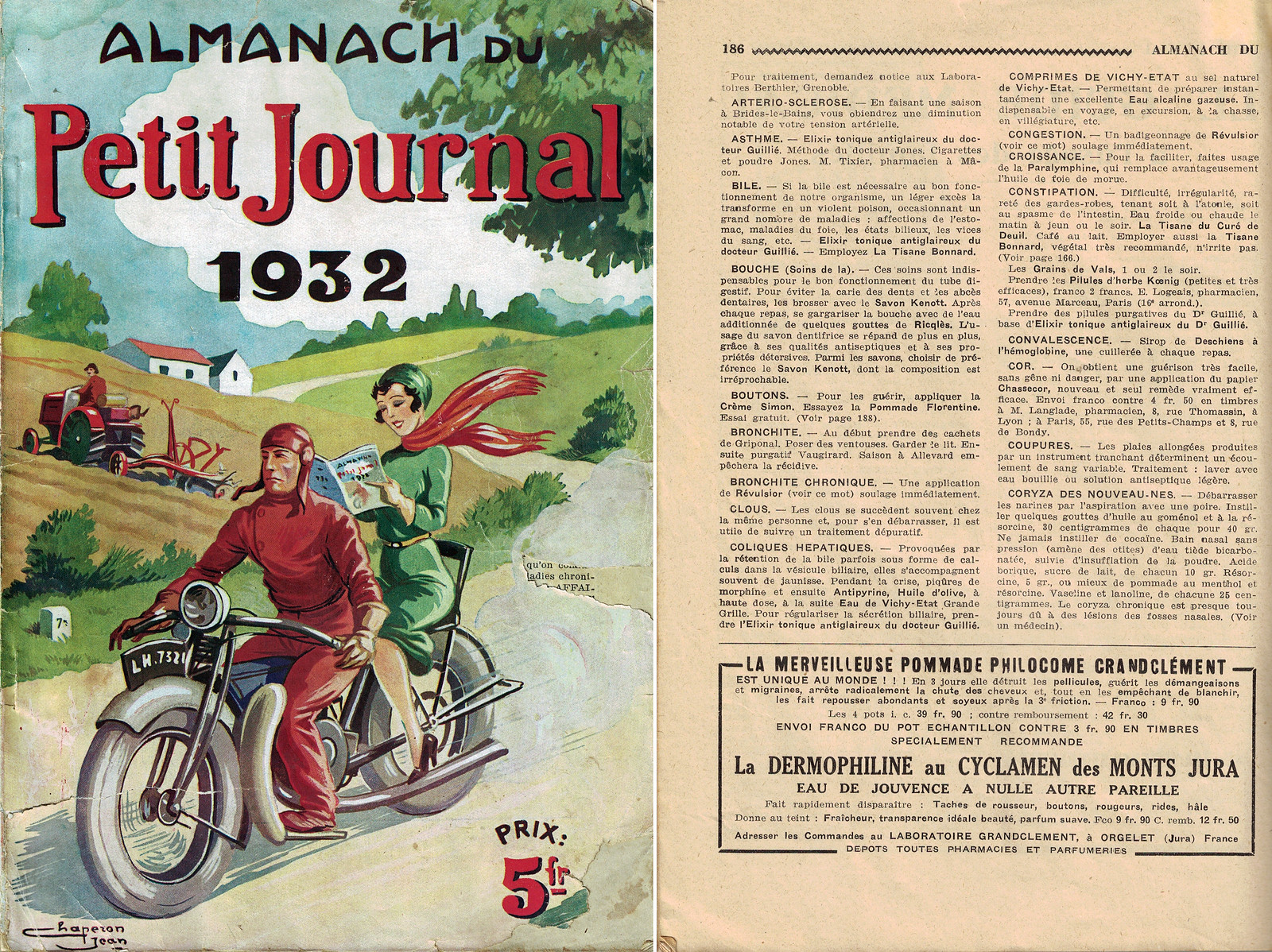 Publicité pour la pommade Philocome du laboratoire Grandclément, dans l'Almanach 1932 du Petit Journal