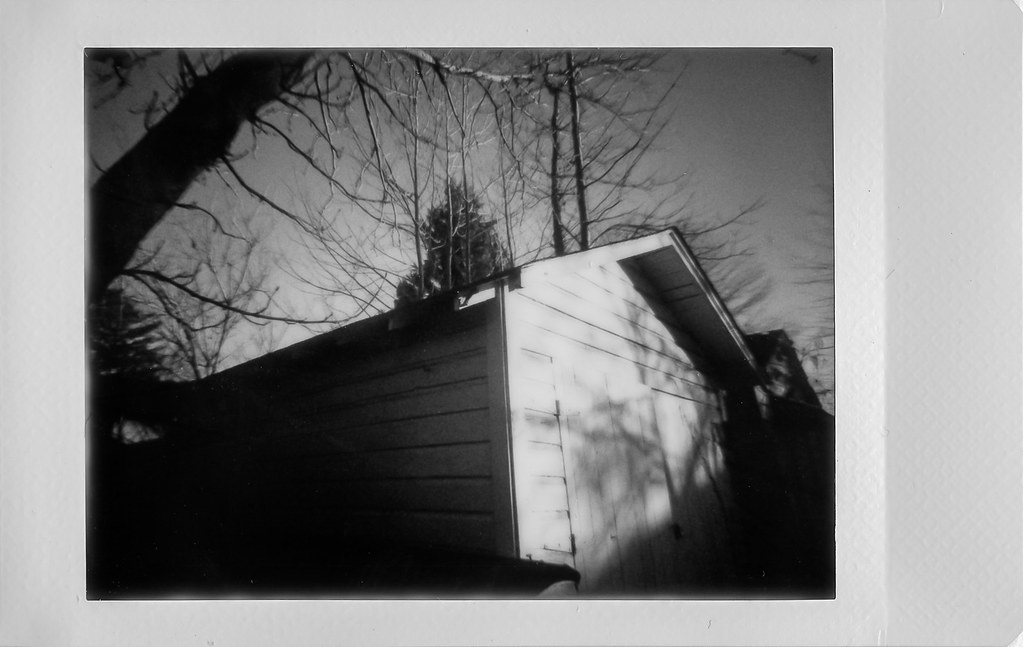 garage, tree forms, cast shadows, sunset, Asheville, NC, Lomo'Instant, Instax Mini Monochrome, 1.10.21