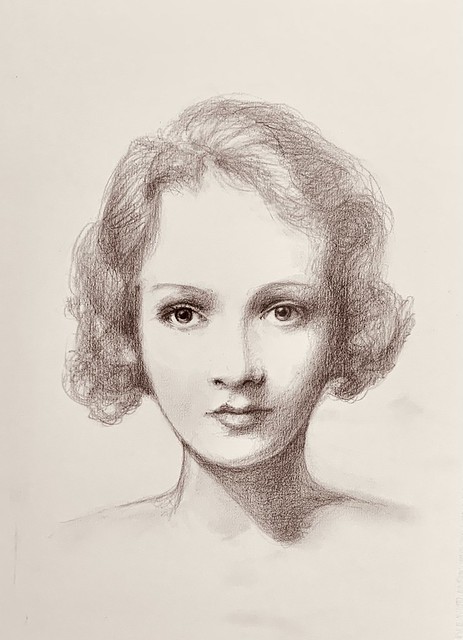Portrait of a young Marlene Dietrich. Graphite pencil drawing by jmsw on card.