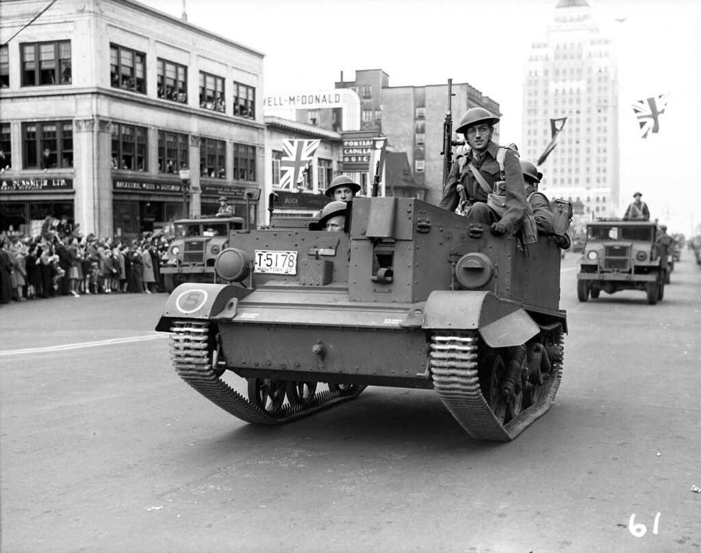 World War II Bren Gun carrier parade on Burrard Street 1942