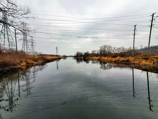 Former Desjardins Canal; powerlines; pylons and poles