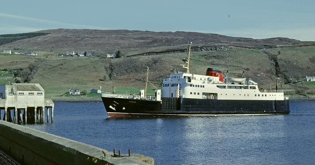 MV Hebrides arriving at Uig, Isle of Skye. May 1985.