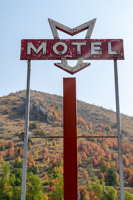 Lava Hot Springs, Idaho - September 21, 2020: Retro neon sign for a motel in the rural Idaho town, taken in autumn