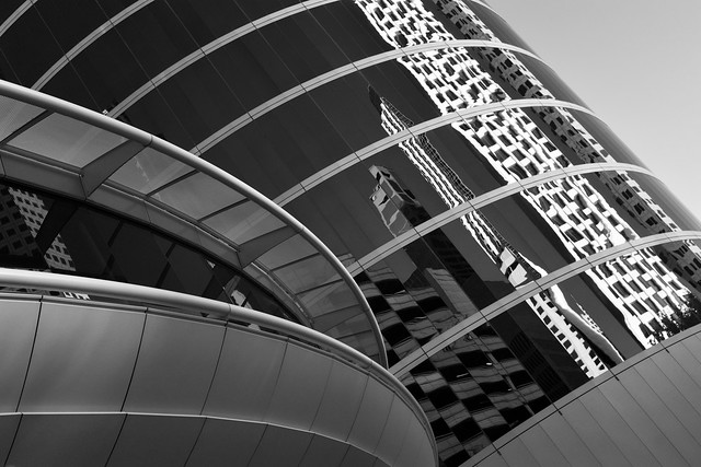 Former Enron building and circular skywalk, Houston (infrared)