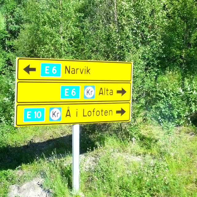 Street sign along the Riksgränsen - Narvik road, Nordland, Norway