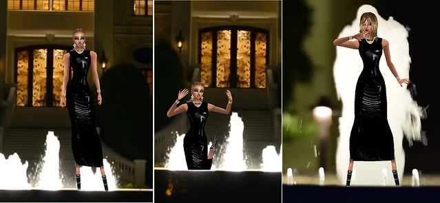 Long Black Latex Dress and Very High Heels in the Fountain