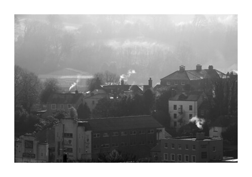 penryn cornwall england britain uk town burrough townscape monochrome urban mist smoke chimneys smoking winter january landscape