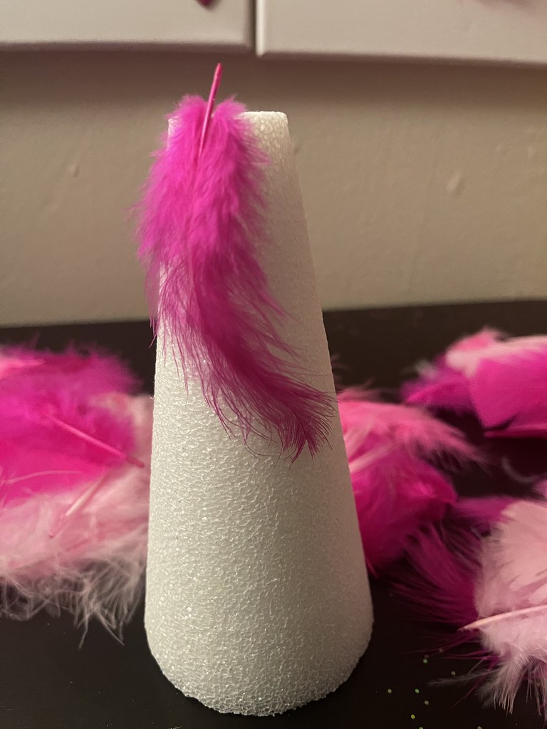 first feather stuck onto the cone