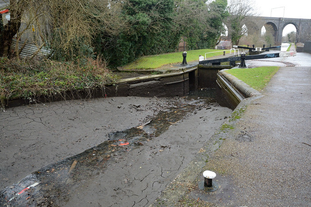 Lock gates open on the Birmingham Main line canal at Dunstall in Wolverhampton