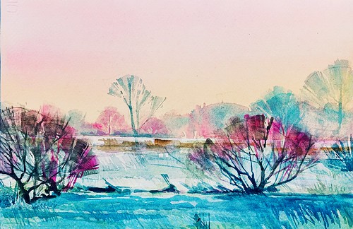 watercolor painting field frost snow morning sunrise north carolina eastover fayetteville cumberland county winter landscape