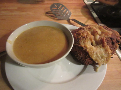 Roast butternut squash soup and potato bread.