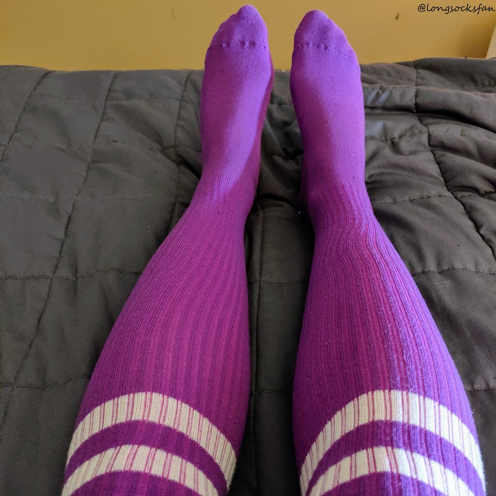 Purple over the knee socks with white stripes over blue le… | Flickr