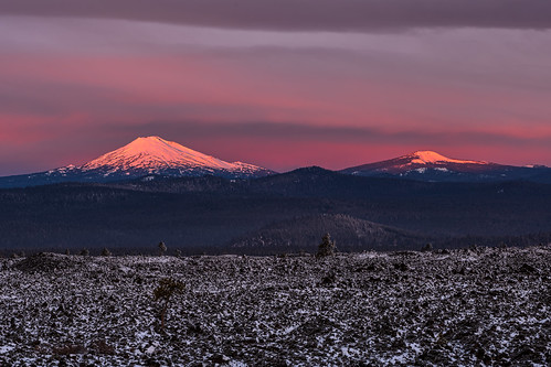 sunrise centraloregon mtbachelor tumalomountain lavaflow snow dawn redsky landscape volcano