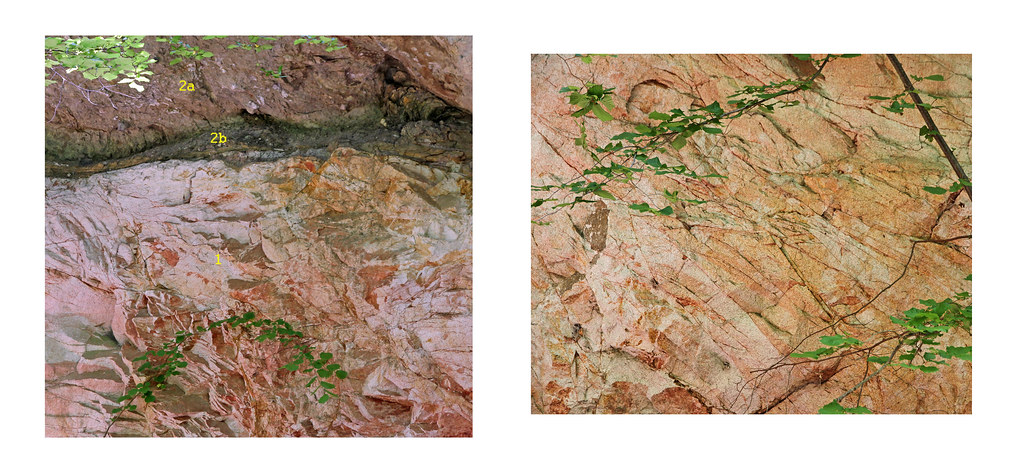 Dans le Cantal, mégabloc trachyandésitique sur le socle granitique sous-jacent