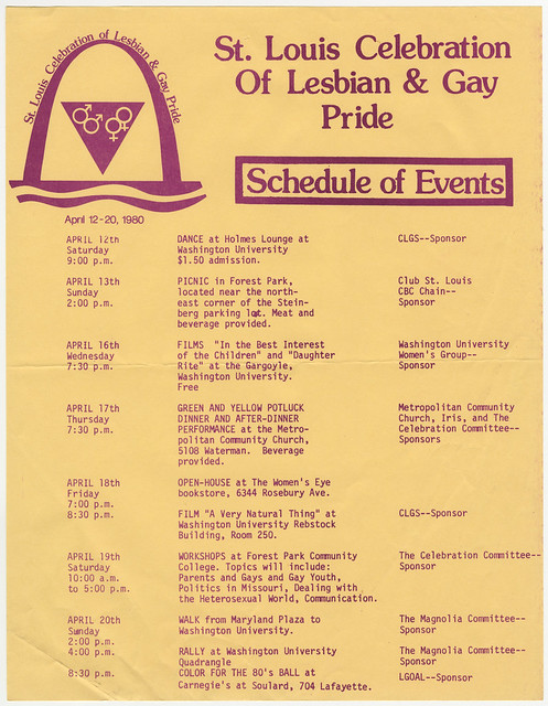 Schedule of events for the first St. Louis Pride celebration week, April 1980.