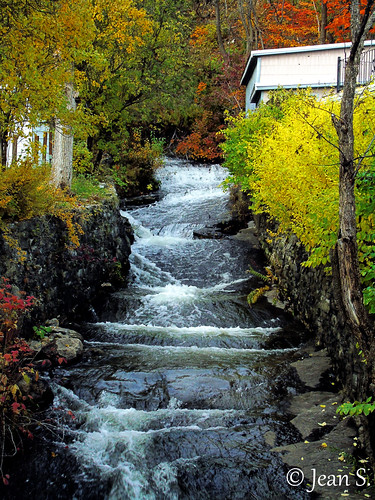 river water waterfall building trees colors colorful waves outdoors red yellow stone