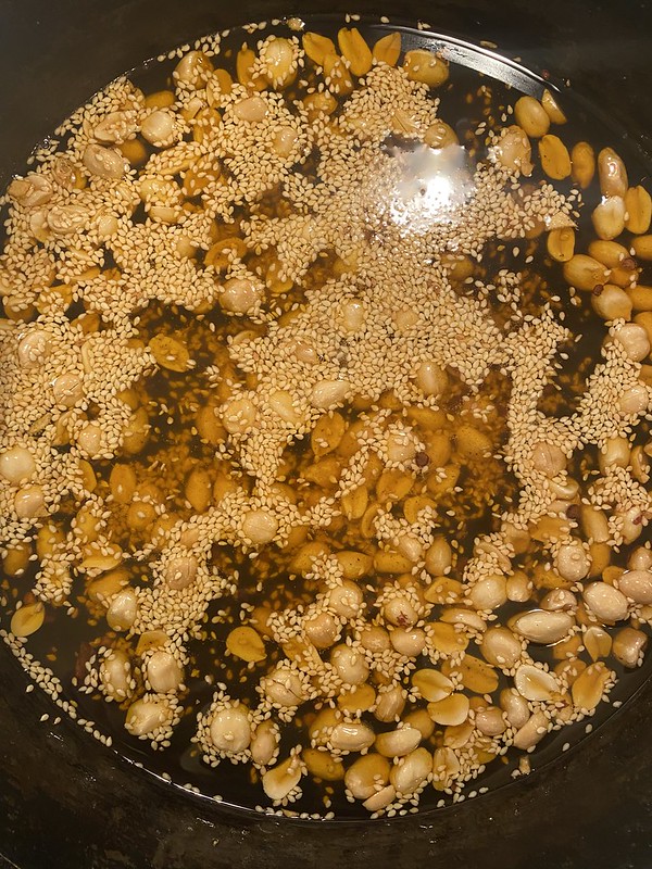 Salsa macha, toasting the nuts and seeds.