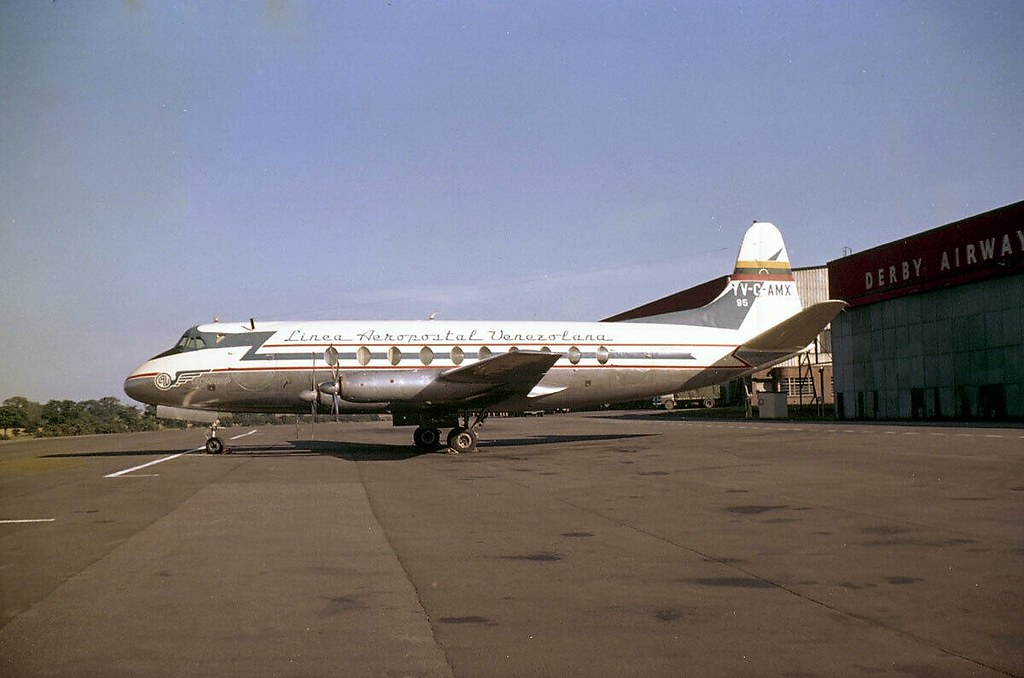 YV-C-AMX Linea Aeropostal Venezolana Vickers Viscount 749 outside Hangar 2 at Elmdon Airport Birmingham in 1963. Scanned from a negative originally in the Will Blunt collection and now in the Jute collection.