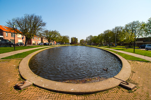 pond vijver eenden water city perspective perspectief ducks wideangle landscape view beautiful village blue sky