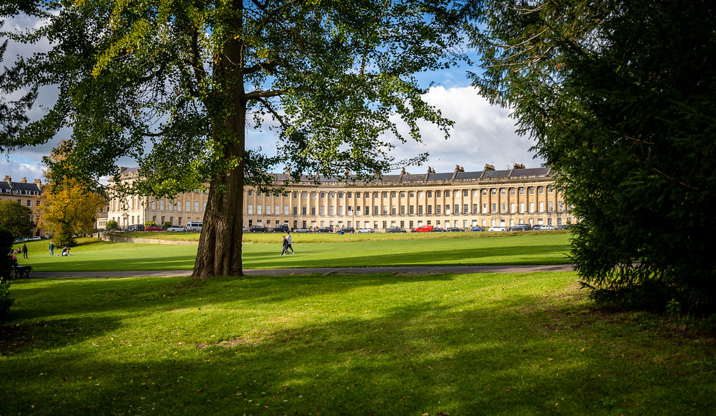 Bath's Royal Crescent building, with a green lawn