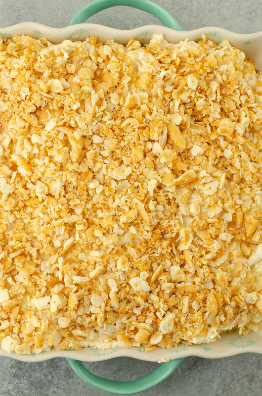 Overhead photo of a casserole with crushed Ritz crackers on top