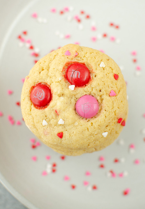 Valentine's Day Pudding Cookies - the perfect soft and chewy cookies with white chocolate chips, Valentine's Day M&Ms, and sprinkles. Your Valentine is going to love them!