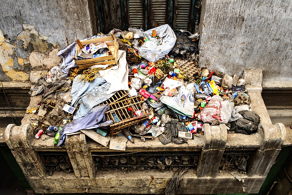 Garbage on once beautiful balcony near Ghamra Station on 1-29-21--Cairo