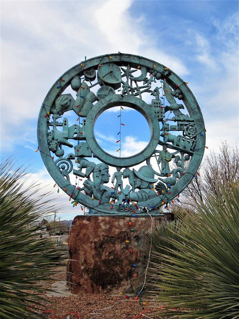 History wheel, modern sculpture, Elfego Baca Heritage Park, Socorro, New Mexico