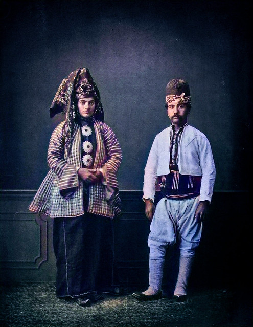 models wearing traditional clothing from the province of Îles d'Archipel (Islands of the Archipelago), Ottoman Empire_colorSAI_result