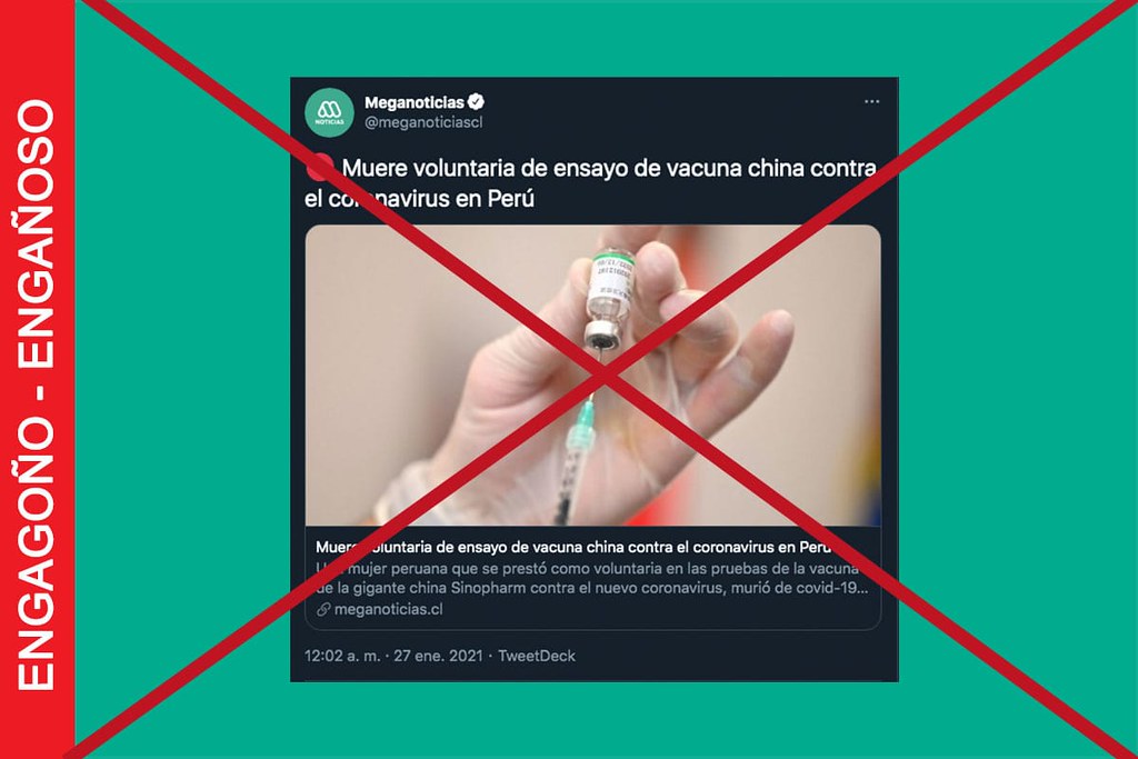 Es engañoso el tweet de Mega donde anuncian muerte de una voluntaria de ensayo de vacuna China