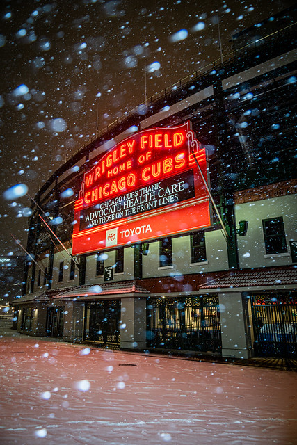 Snowy Chicago Cubs Wrigley Field Marquee | Chicago Cubs Thank Advocate Health Care And Those On The Font Lines (Covid-19, Coronavirus PSA)