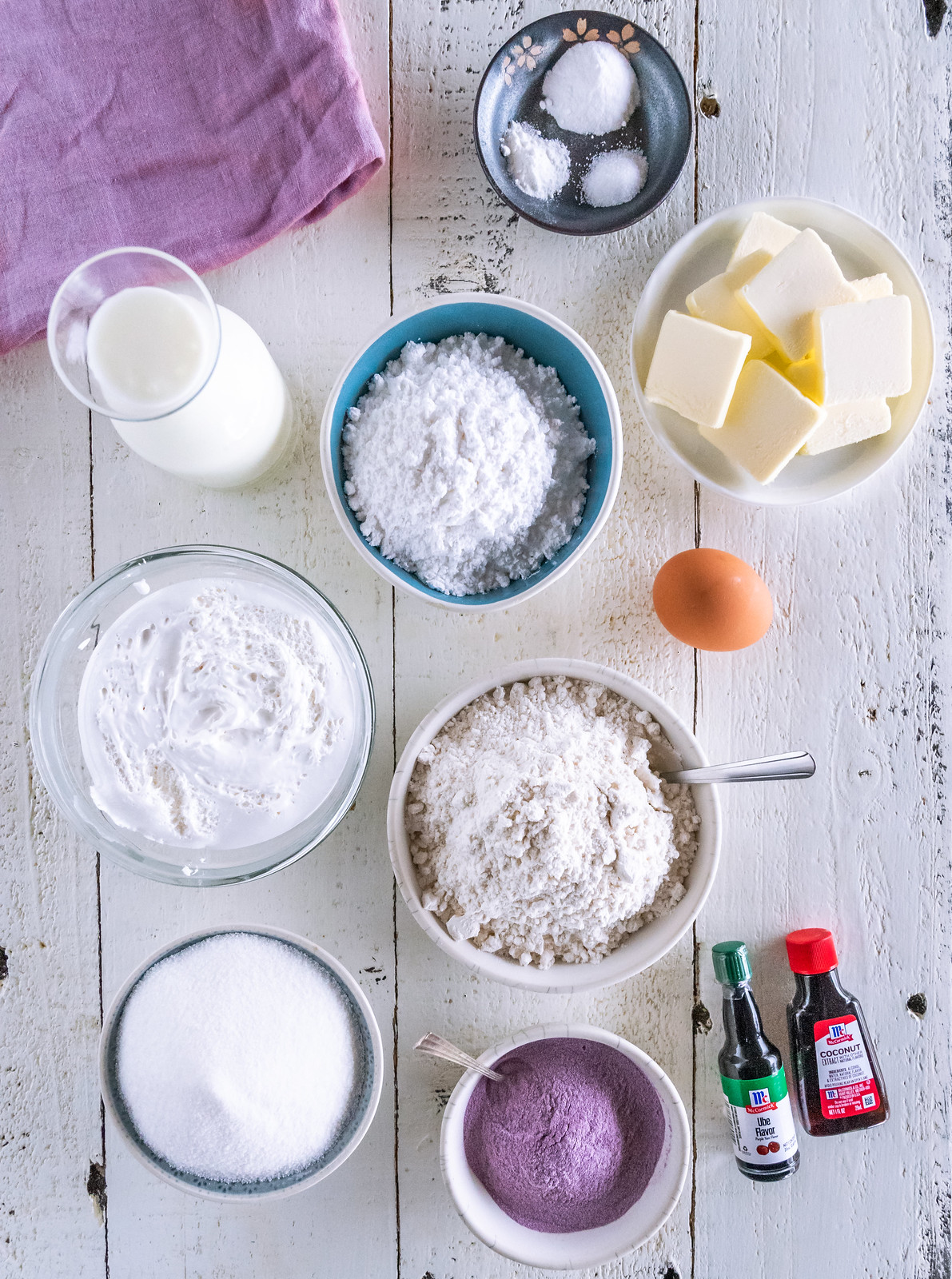 a spread of colorful ingredients to make ube whoopie pies