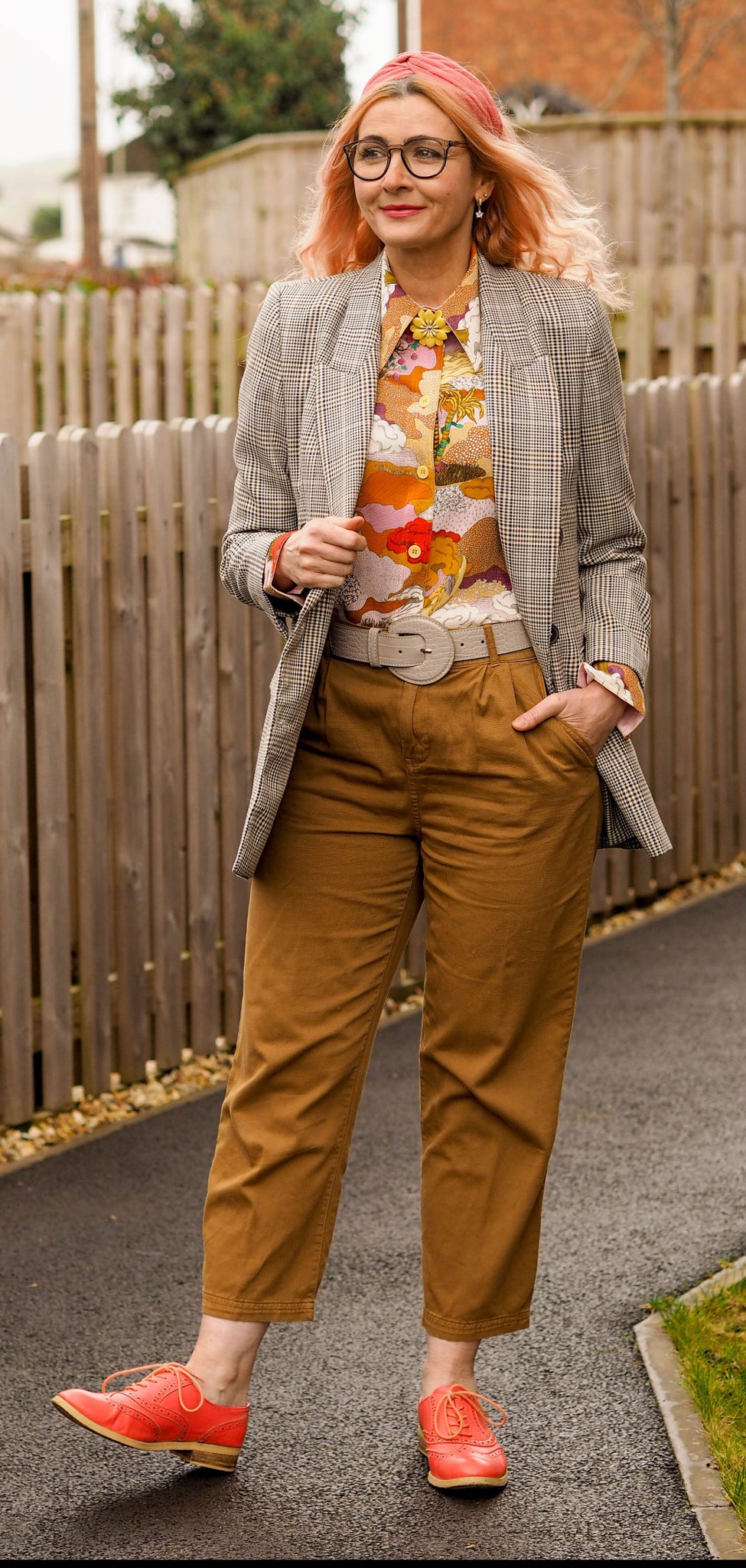 Screw Lockdown, Let's Just Play Dress Up | Not Dressed As Lamb, Over 40 Fashion Blogger, wearing Prince of Wales check jacket, orange, yellow and pink patterned Stine Goya shirt, tobacco brown paper bag trousers, coral orange brogues