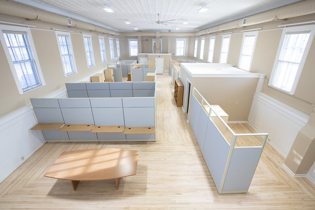 The interior of a building that was completely renovated into brand-new office spaces.