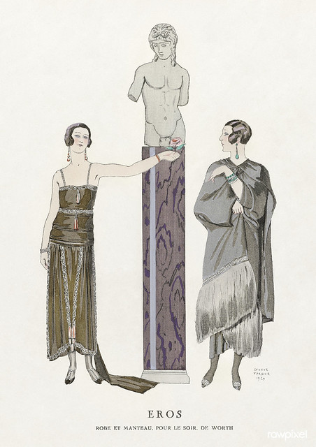 Eros. Robe et manteau pour le soir, de Worth (1924) fashion illustration in high resolution by George Barbier. Original from The Rijksmuseum. Digitally enhanced by rawpixel.