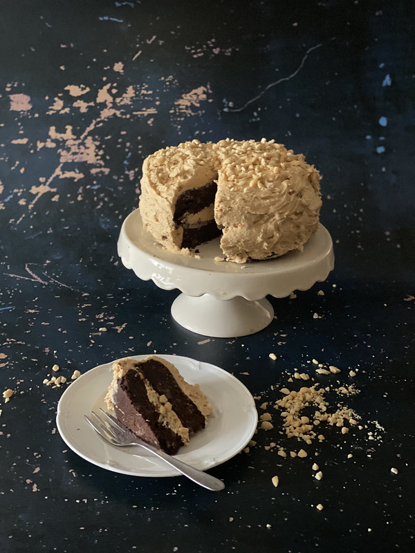 Chocolate Peanut Butter Cake on Cake Stand, Slice Removed and Plated