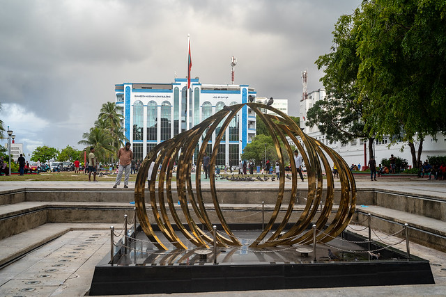 Male, Maldives - November 24, 2019: View of the Jumhooree Maidhaan (Republic Square) Musical Fountain on a cloudy day