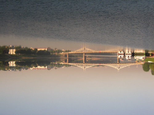 tver volga bridge reflection morning