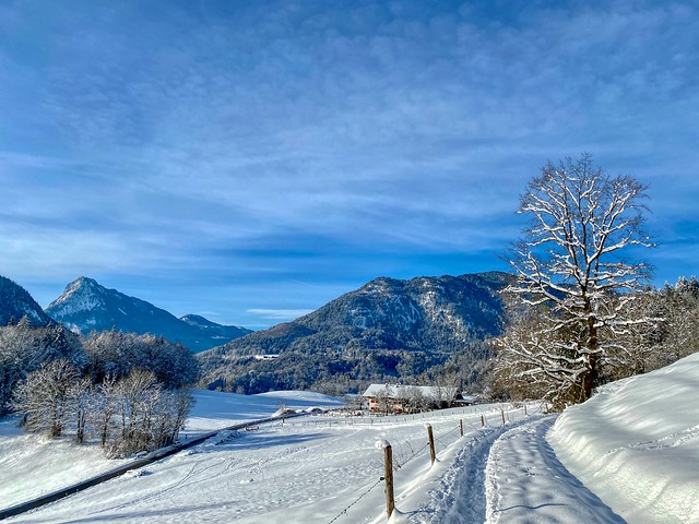 Winter mountain landscape with Pendling mountain on the left near Kiefersfelden in Bavaria, Germany