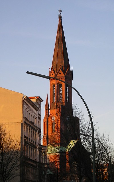 1890/93 Berlin Kirchturm mit Spitzhelm evangelische Kiche St. Emmaus 74mH in Backstein von August Orth Lausitzer Platz in 10997 Kreuzberg