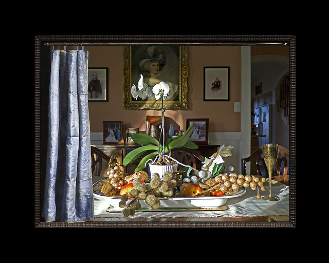 Dining Room Christmas Decor with Orchid, 2017, with Frans van Mieris's Blue Curtain, 2021