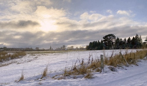 winter snow path countryside landscape fence village field sky clouds scotland moray