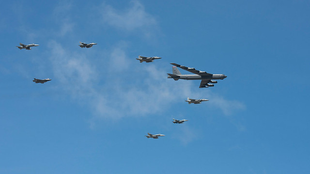 US, Japan and Royal Australian Air Force counterparts fly in formation during exercise Cope North 21 in Guam