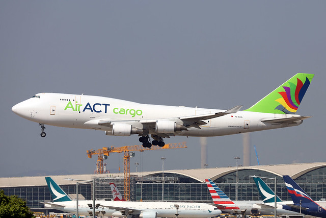 ACT Airlines - Saudia Cargo B747-400SF TC-ACG landing HKG/VHHH